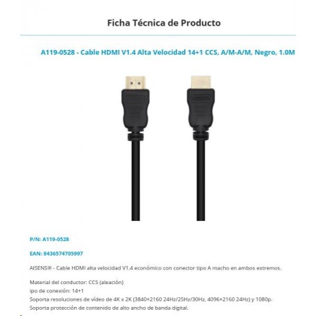 CABLE AISENS HDMI 1.4 MACHO 1MT. NG.