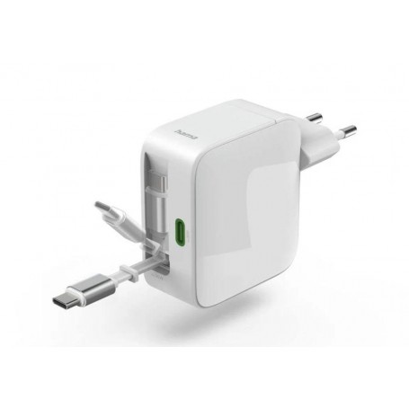 CARGADOR HAMA MINI 30W 2 USB-C RETRACT.